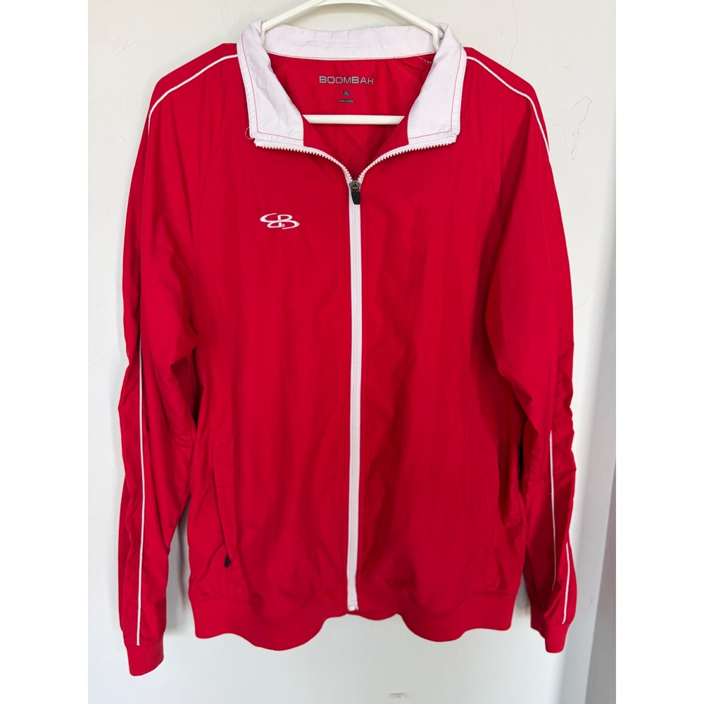 Boombah Mens XL Red White Full Zip Athletic Windbreaker Warm Up Jacket Pockets